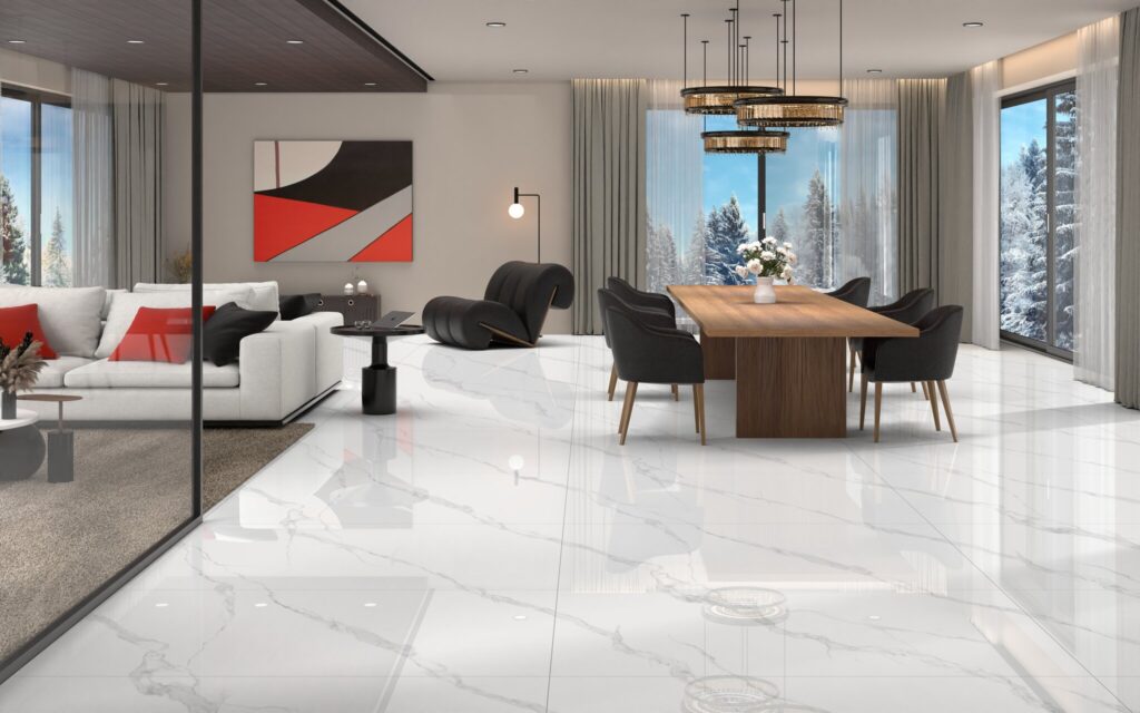 Statuario Bianco porcelain in a living room